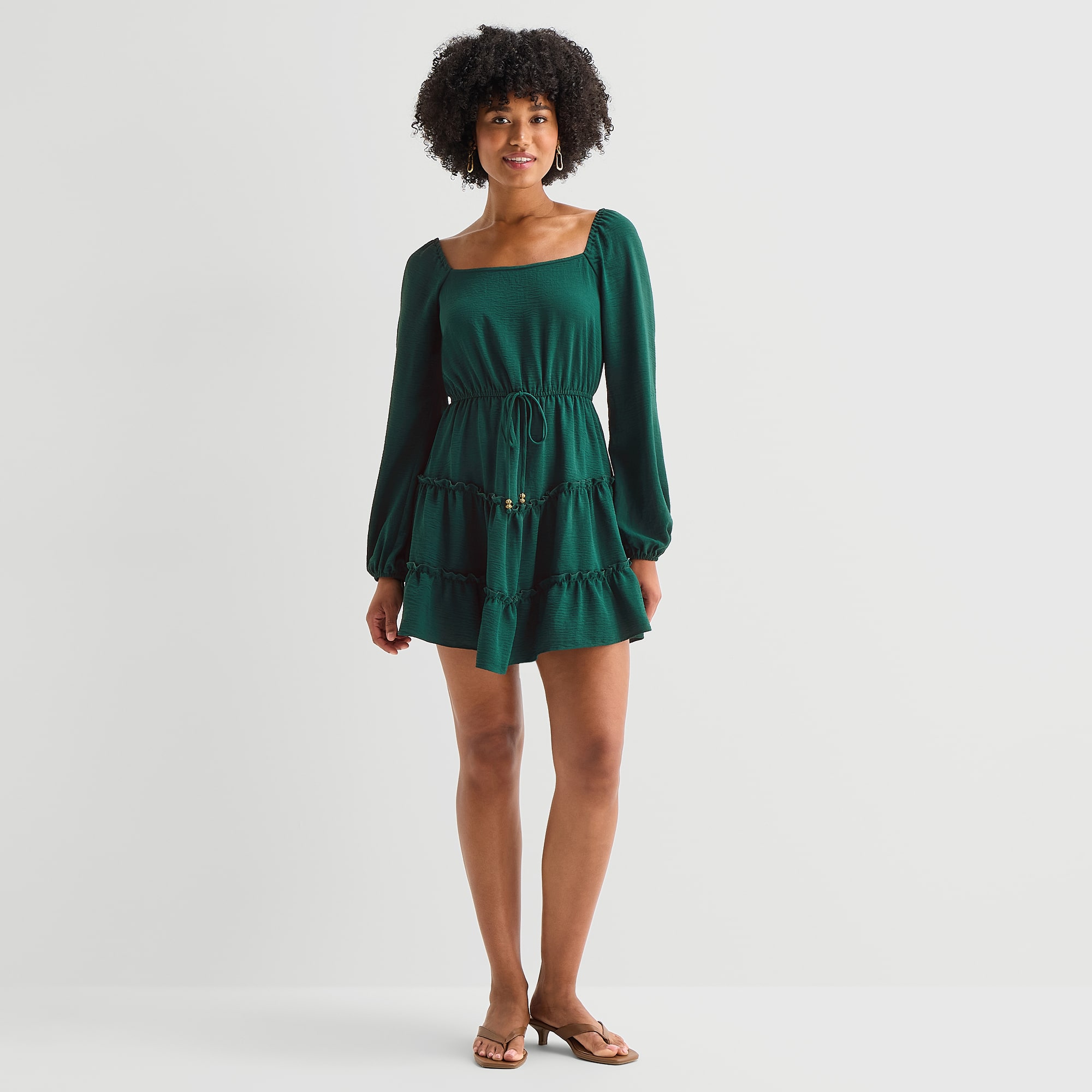 City Triangle Womens Juniors Square Neck Long Sleeve Balloon Fit + Flare Dress