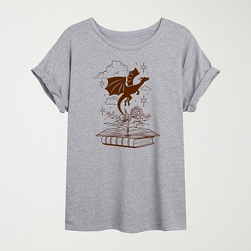 Air Waves Dragon Flying Book Womens Juniors Crew Neck Short Sleeve Oversized Graphic T-shirt In Gray