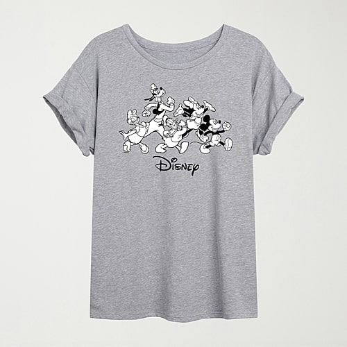 Air Waves Sketched Disney Group Womens Juniors Crew Neck Short Sleeve Oversized Graphic T-shirt In Gray