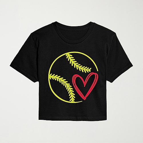 Air Waves Brushstroke Softball Heart Womens Juniors Crew Neck Short Sleeve Classic Fit Graphic T-shirt In Black