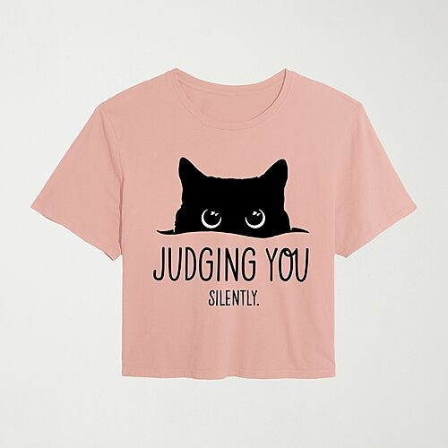 Air Waves Judging You Silently Cat Womens Juniors Crew Neck Short Sleeve Classic Fit Graphic T-shirt In Pink