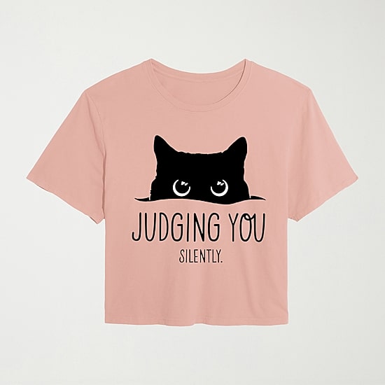 Judging You Silently Cat Womens Juniors Crew Neck Short Sleeve Classic Fit Graphic T-Shirt