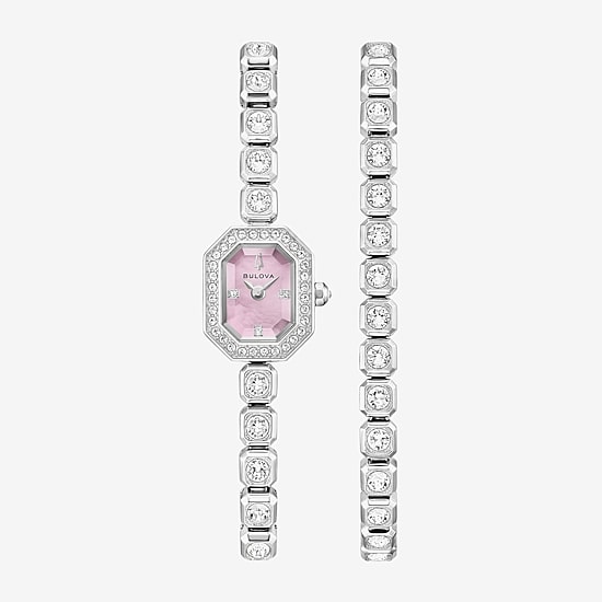 Bulova Box Set Bul Crystal Womens Silver Tone Stainless Steel 2-pc. Watch Boxed Set 96x168