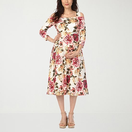 White Mark Maternity Womens Maternity Midi Scoop Neck 3/4 Sleeve Cold Shoulder Maxi Dress