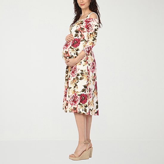 White Mark Maternity Womens Maternity Midi Scoop Neck 3/4 Sleeve Cold Shoulder Maxi Dress