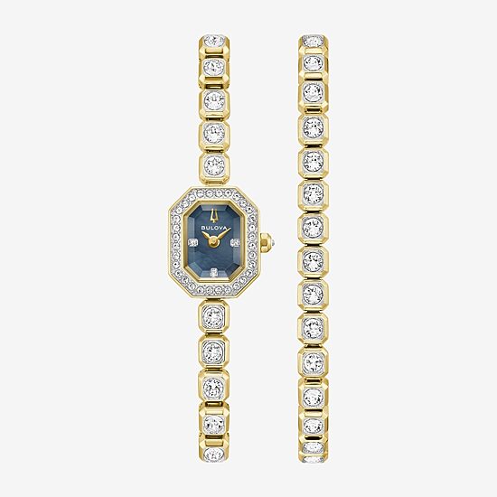 Bulova Box Set Bul Crystal Womens Gold Tone Stainless Steel 2-pc. Watch Boxed Set 98x143