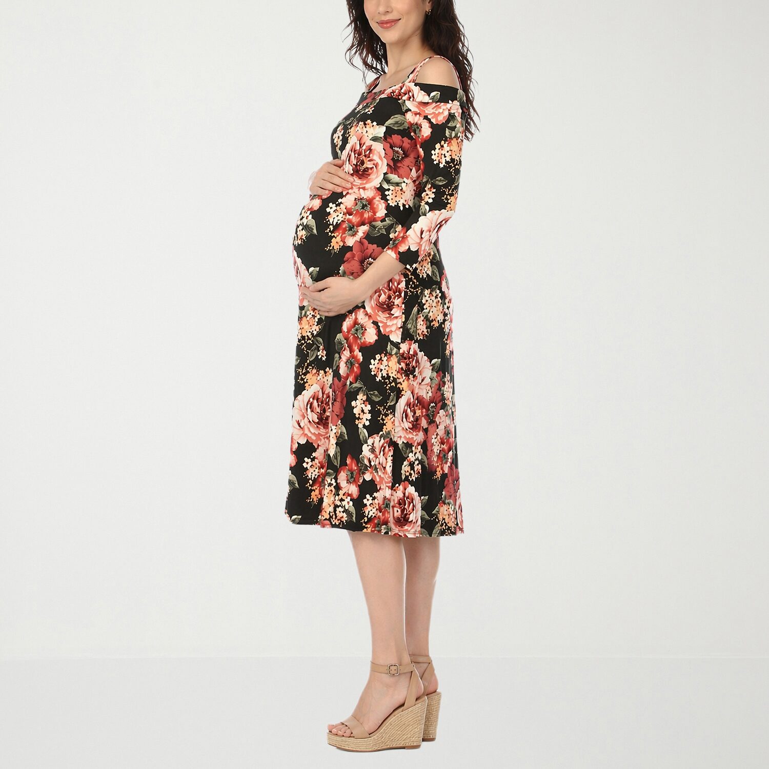 White Mark Maternity Womens Midi Scoop Neck 3/4 Sleeve Cold Shoulder Maxi Dress