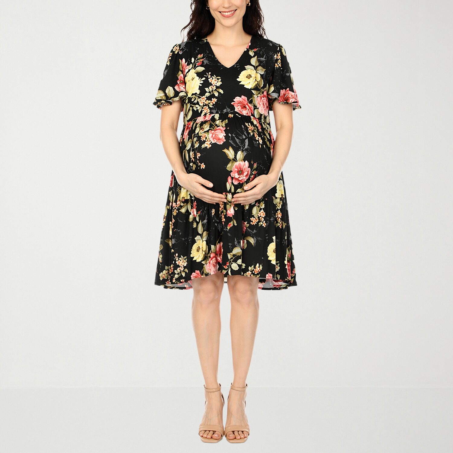 White Mark Maternity Womens V Neck Short Sleeve Floral A-Line Dress