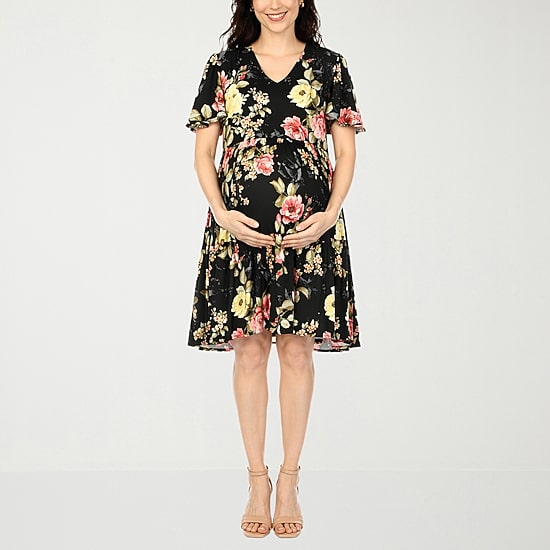 White Mark Womens Maternity V Neck Short Sleeve Floral A-Line Dress