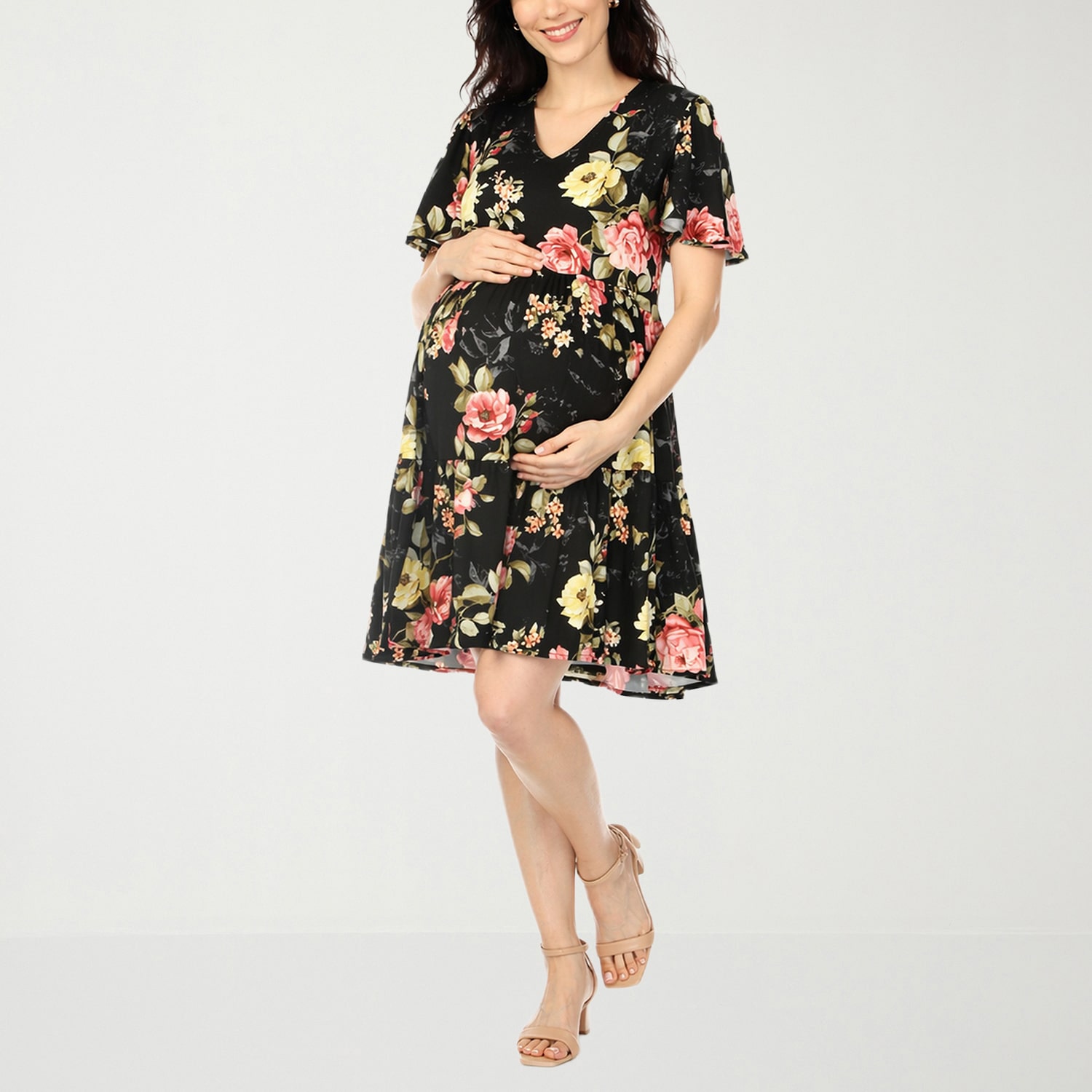 White Mark Maternity Womens V Neck Short Sleeve Floral A-Line Dress