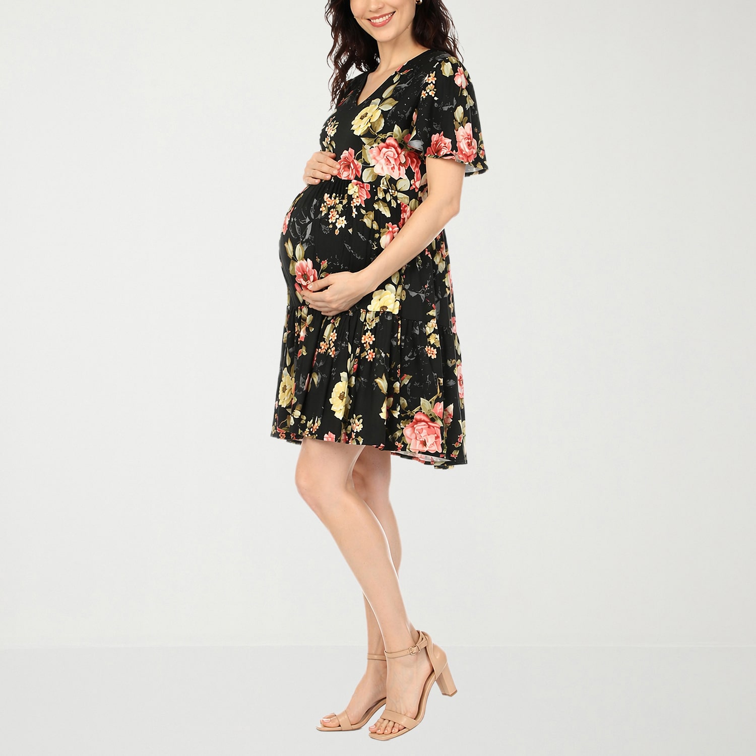White Mark Maternity Womens V Neck Short Sleeve Floral A-Line Dress
