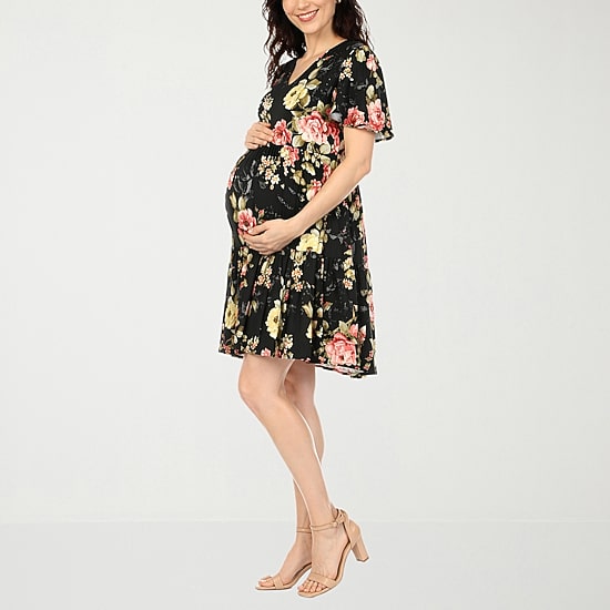 White Mark Womens Maternity V Neck Short Sleeve Floral A-Line Dress