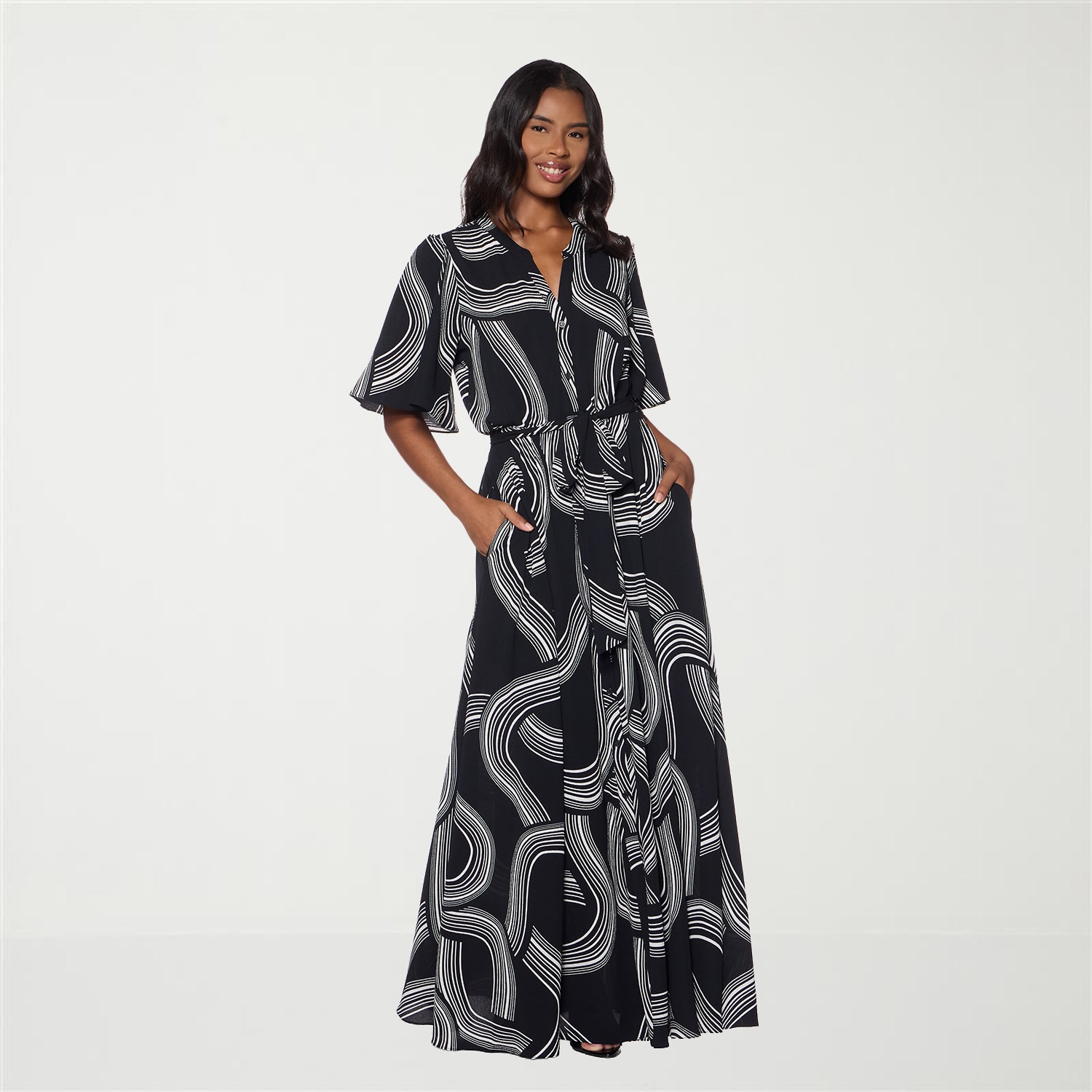 Premier Amour Womens V Neck Short Sleeve Flutter Maxi Dress