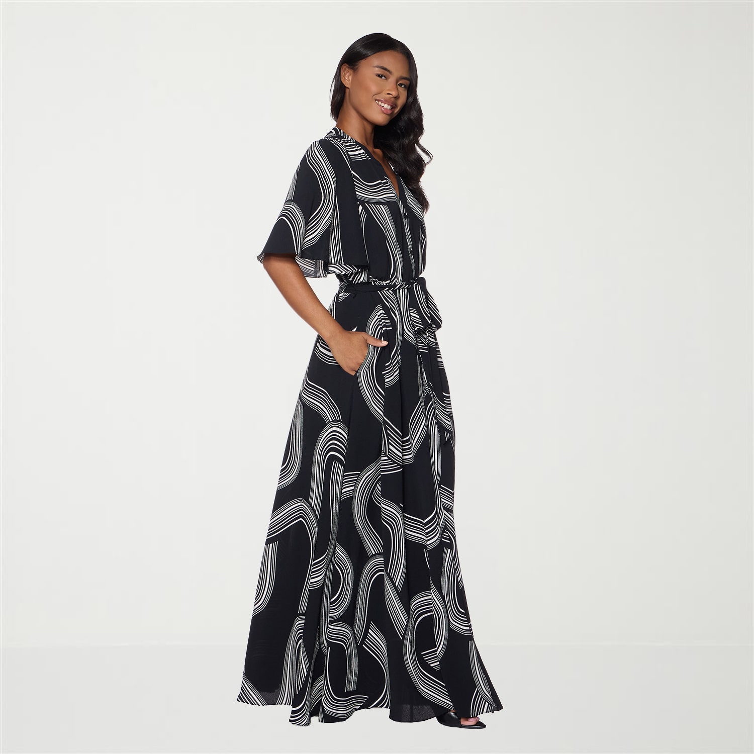 Premier Amour Womens V Neck Short Sleeve Flutter Maxi Dress