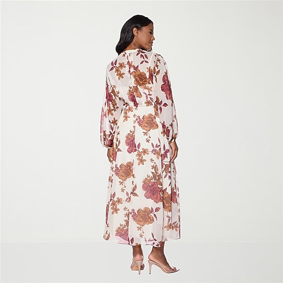 Premier Amour Womens V Neck Long Sleeve Puffed Chiffon Maxi Dress