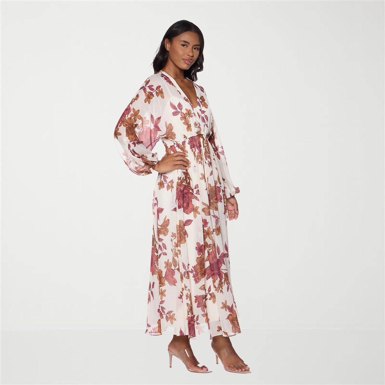 Premier Amour Womens V Neck Long Sleeve Puffed Chiffon Maxi Dress