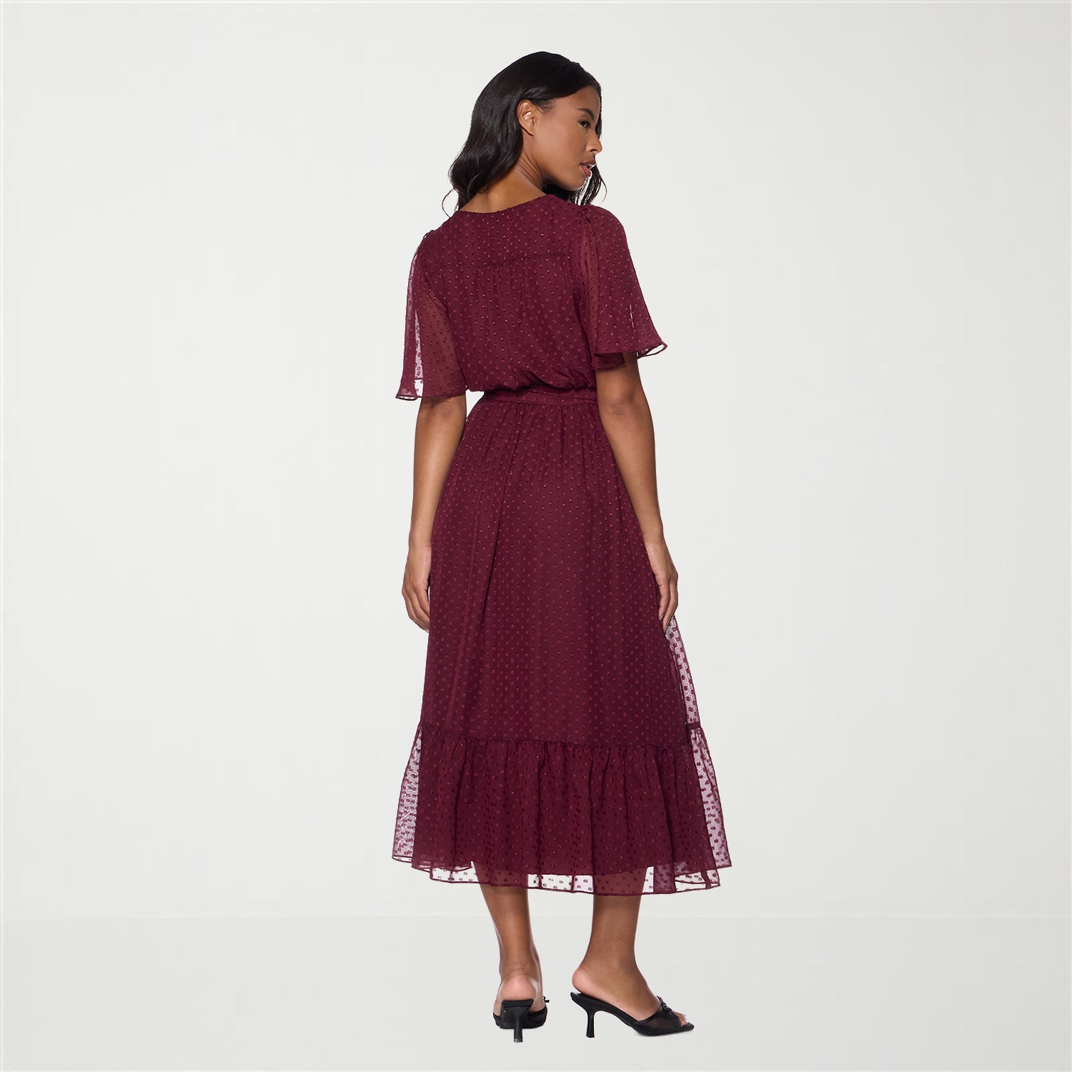 Premier Amour Womens Midi V Neck Short Sleeve Flutter Dots Fit + Flare Dress