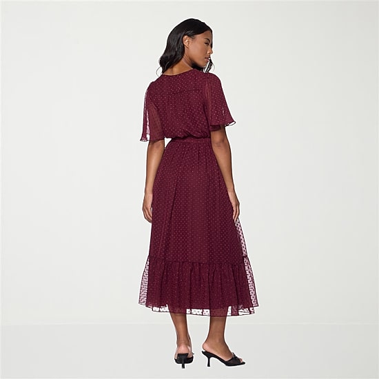 Premier Amour Womens Midi V Neck Short Sleeve Flutter Chiffon Dots Fit + Flare Dress