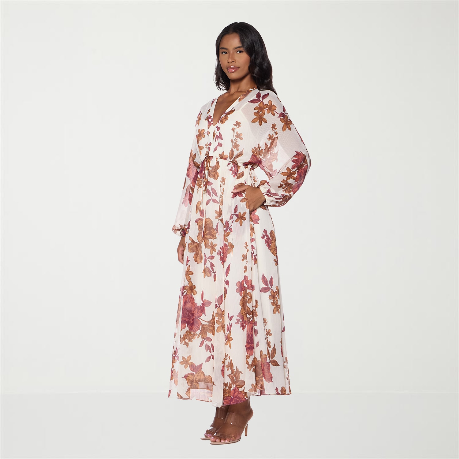 Premier Amour Womens V Neck Long Sleeve Puffed Chiffon Maxi Dress