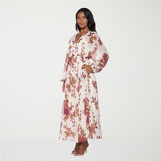 Premier Amour Womens V Neck Long Sleeve Puffed Chiffon Maxi Dress