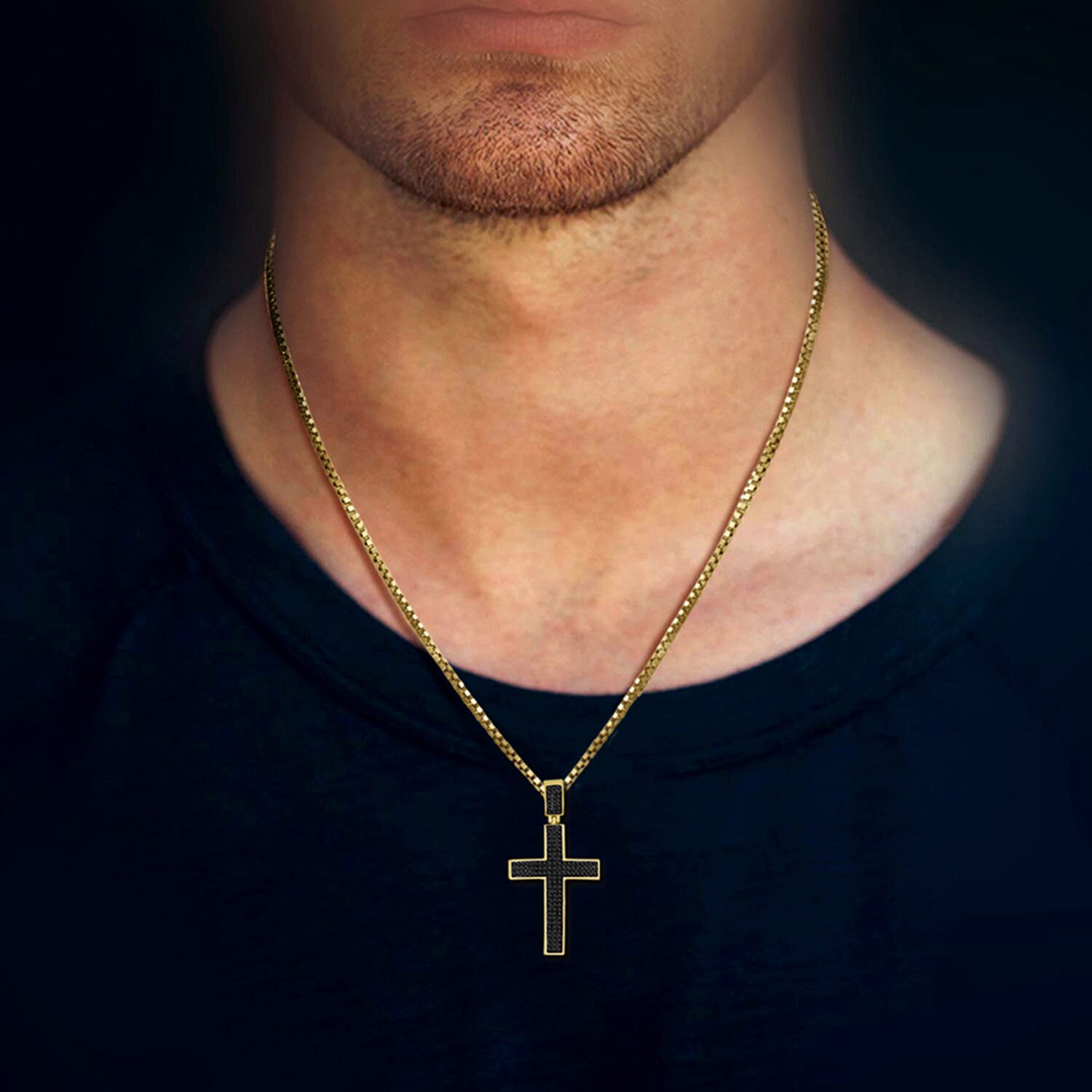 Cross (Black / I3) Mens 1/2 CT. T.W. Natural Black Diamond 10K Gold Over Silver Cross Pendant