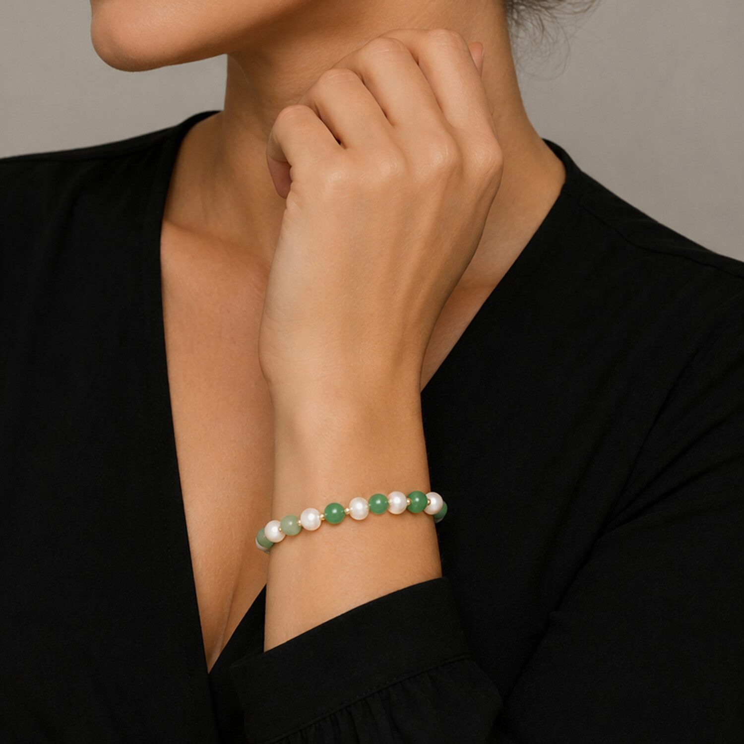 Limited Quantities! Womens Genuine Green Jade Cultured Freshwater Pearl 10K Gold Beaded Bracelet