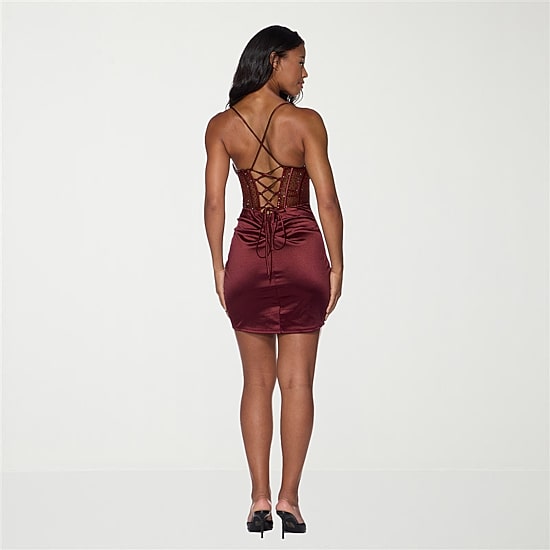 B. Smart Womens Draped Neck Sleeveless Satin Bodycon Dress