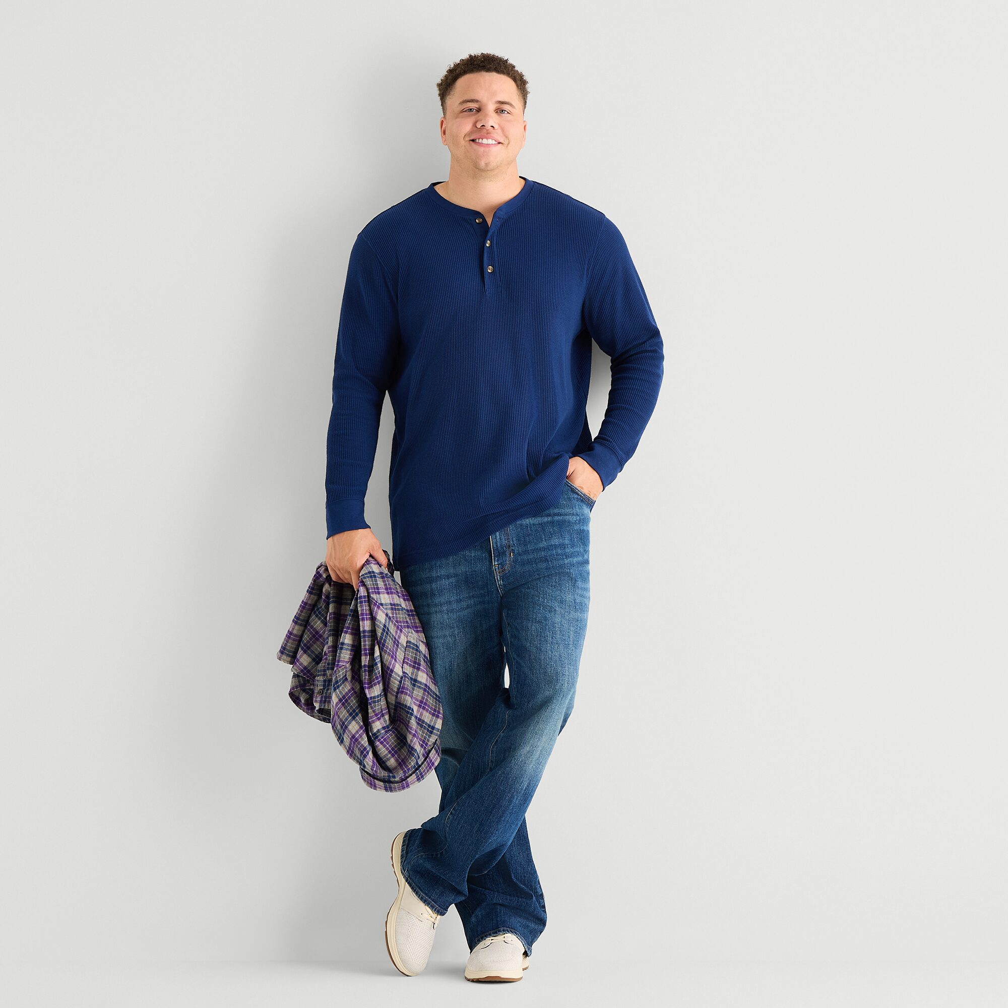 St. John's Bay Waffle Mens Henley Neck Long Sleeve Classic Fit Big and Tall Thermal Top
