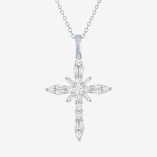 Yes, Please! Womens Lab Created White Sapphire Pure Silver Over Brass Cross 16 Inch Pendant Necklace