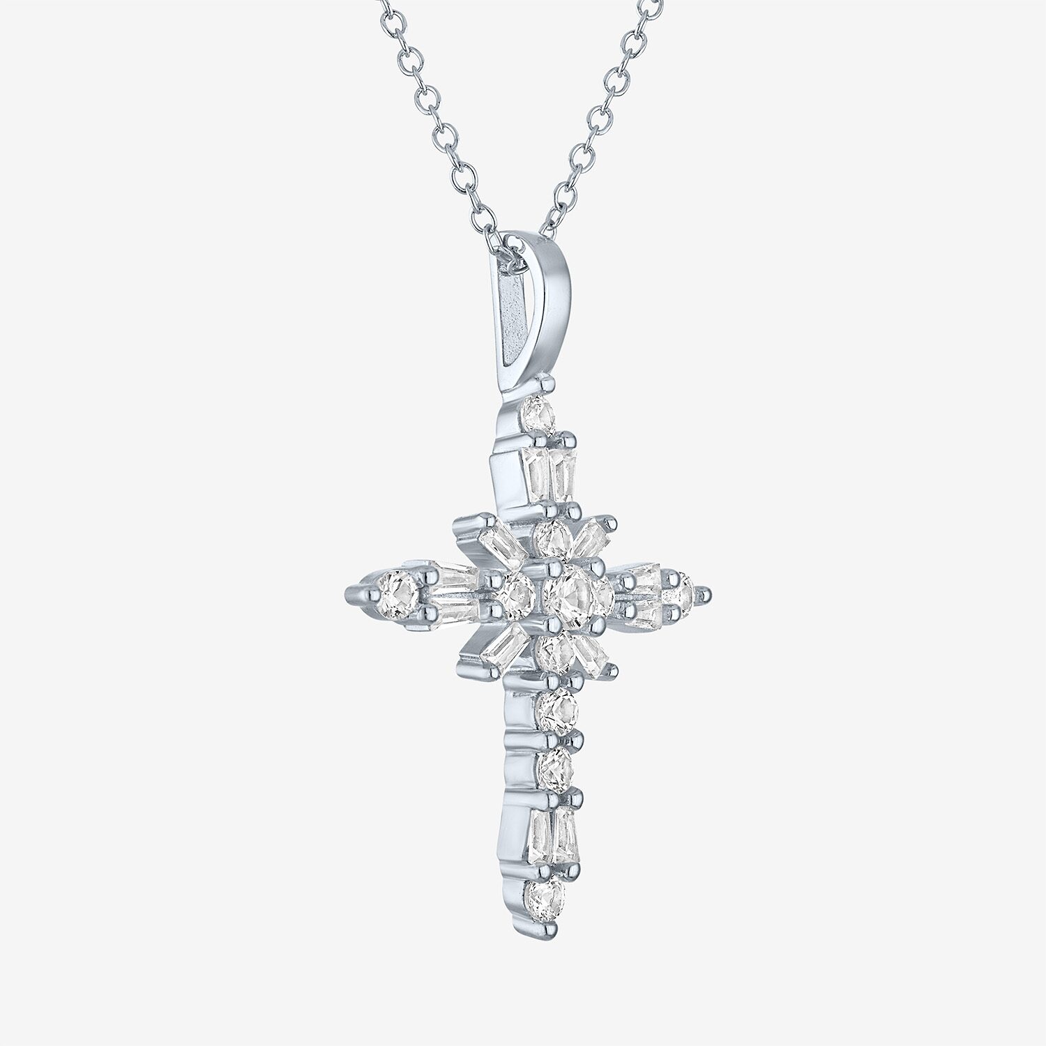 Yes, Please! Womens Lab Created White Sapphire Pure Silver Over Brass Cross 16 Inch Pendant Necklace