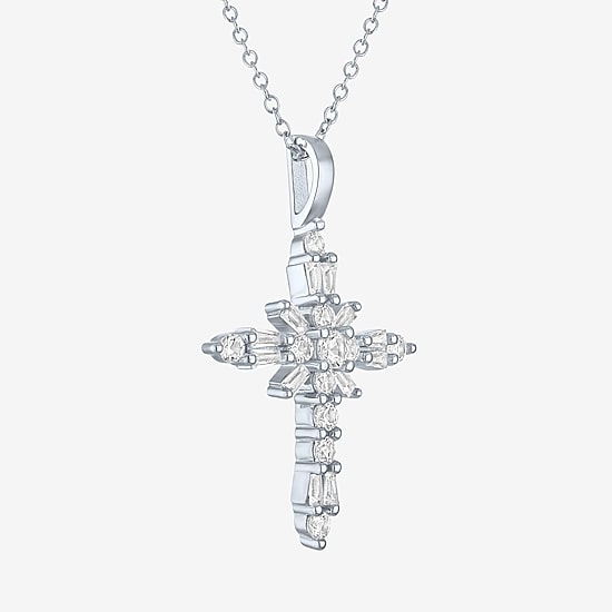 Yes, Please! Womens Lab Created White Sapphire Pure Silver Over Brass Cross 16 Inch Pendant Necklace