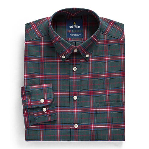 Stafford Oxford Mens Regular Fit Stretch Fabric Wrinkle Free Long Sleeve Dress Shirt, 17-17.5 36-37, Green