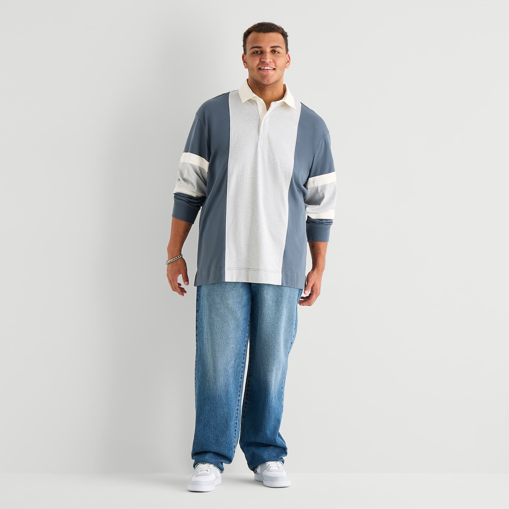 Arizona Mens Long Sleeve Classic Fit Button Down Collar Striped Big and Tall Rugby Shirt