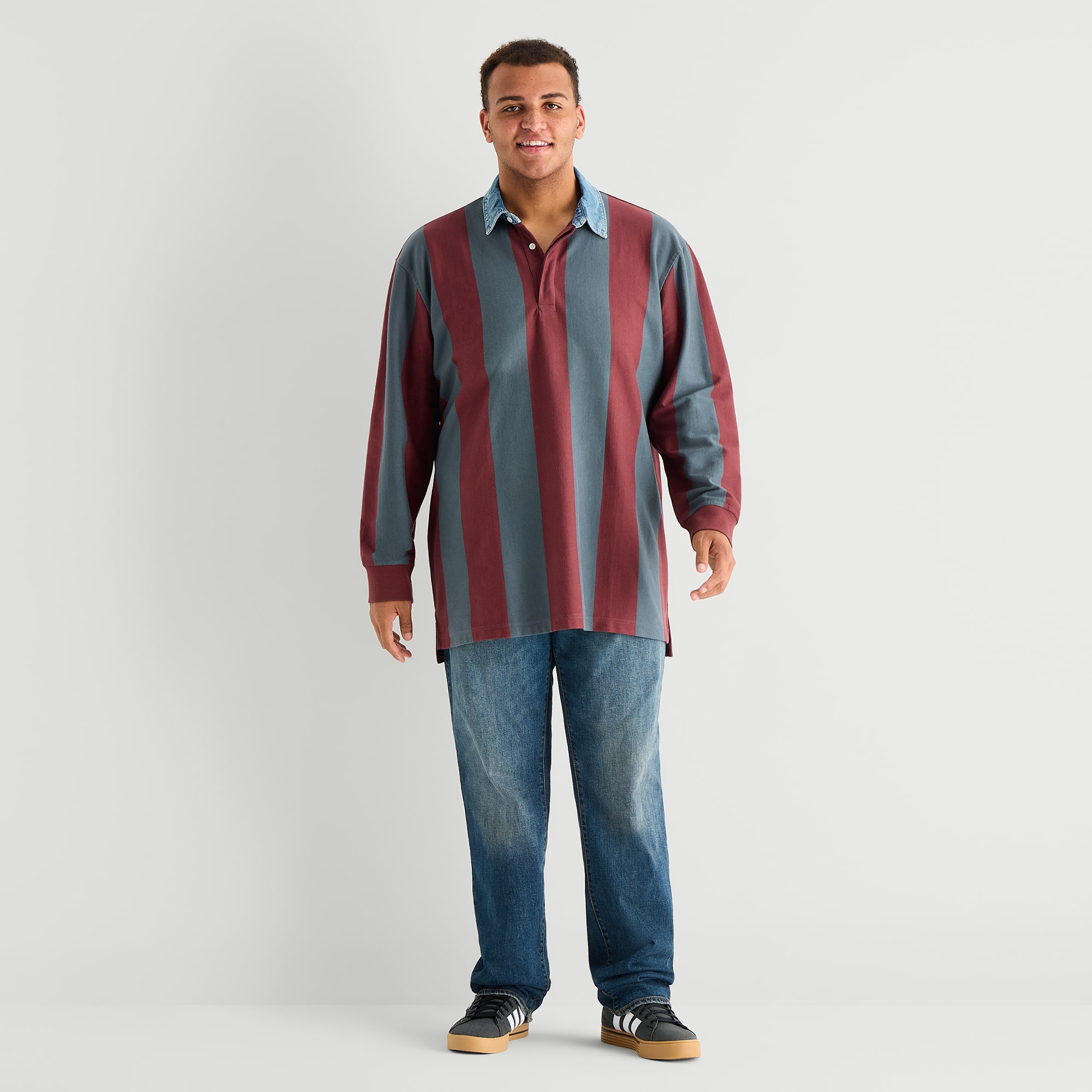 Arizona Mens Long Sleeve Classic Fit Button Down Collar Striped Big and Tall Rugby Shirt