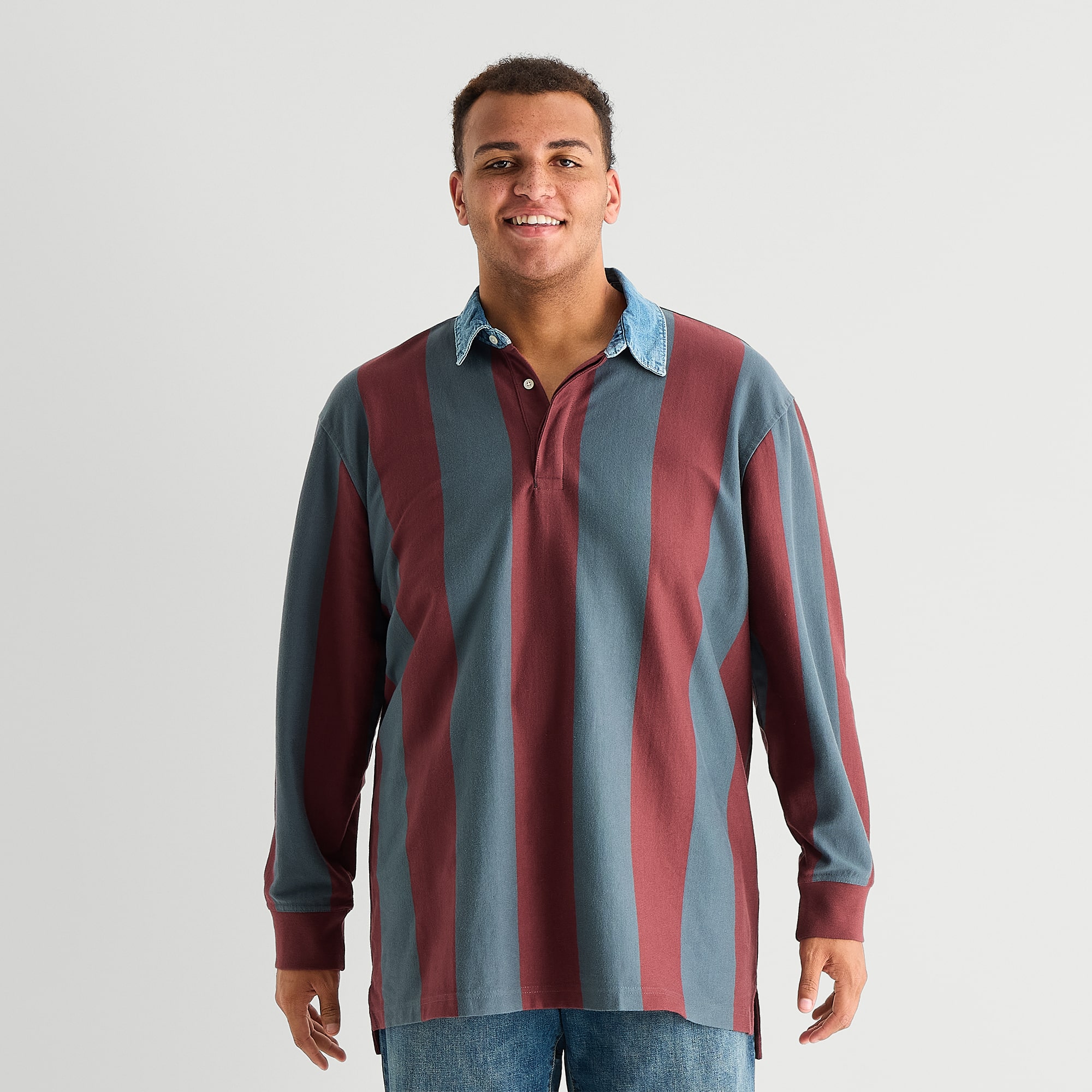 Arizona Mens Long Sleeve Classic Fit Button Down Collar Striped Big and Tall Rugby Shirt