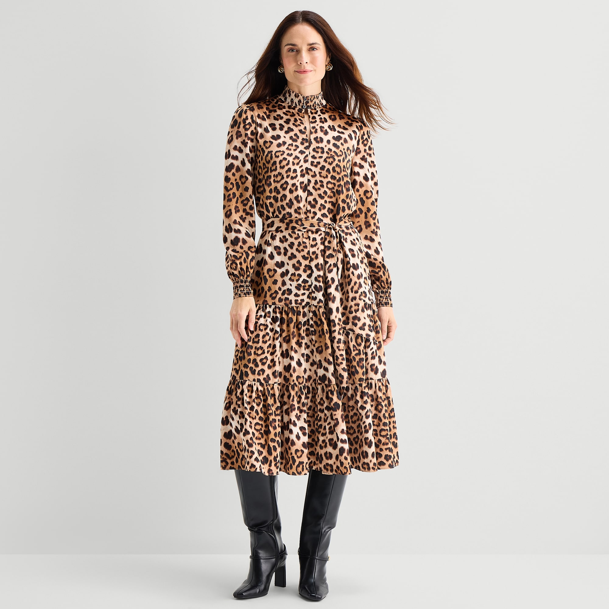 Liz Claiborne Womens Midi Mock Neck Long Sleeve Smocked Animal Fit + Flare Dress