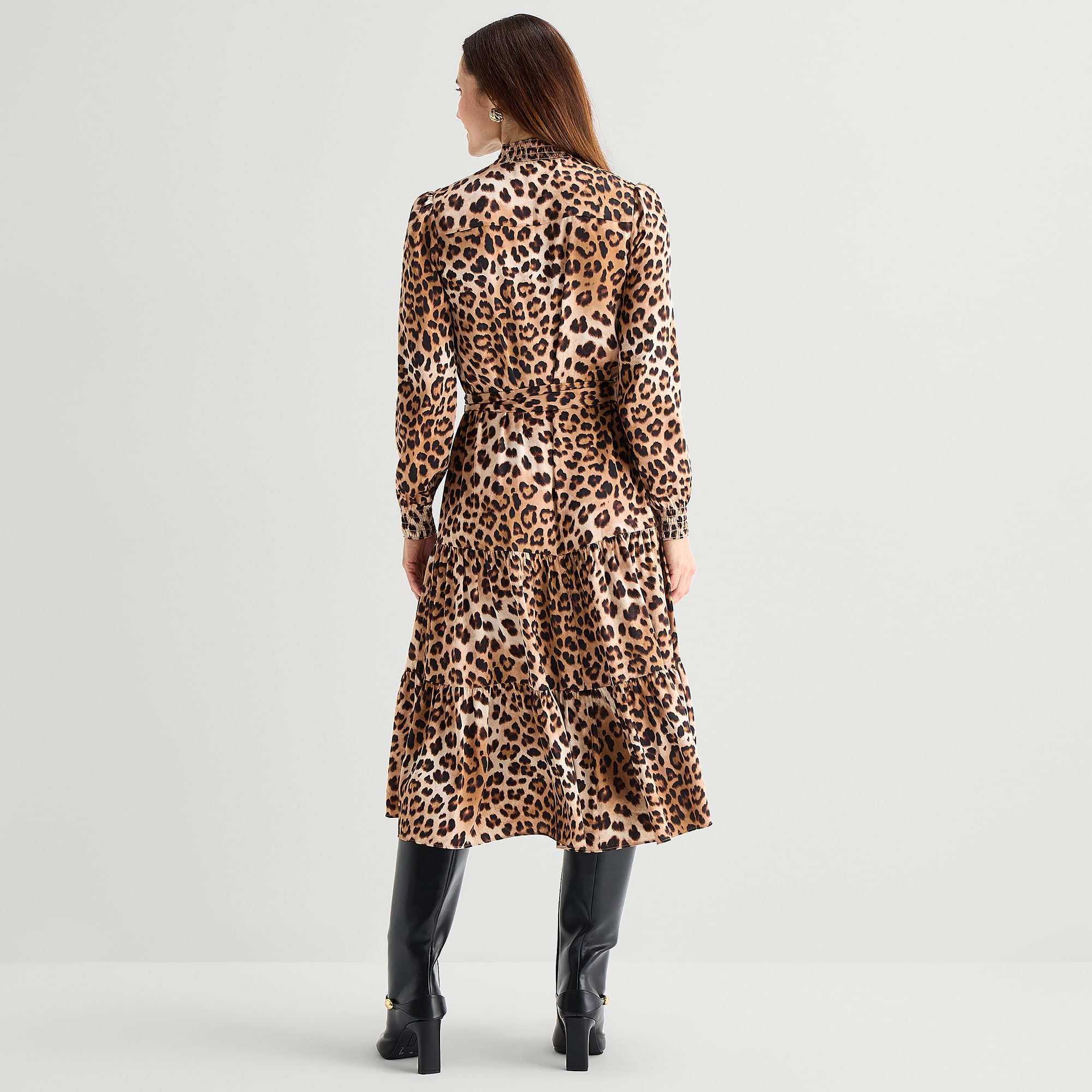 Liz Claiborne Womens Midi Mock Neck Long Sleeve Smocked Animal Fit + Flare Dress