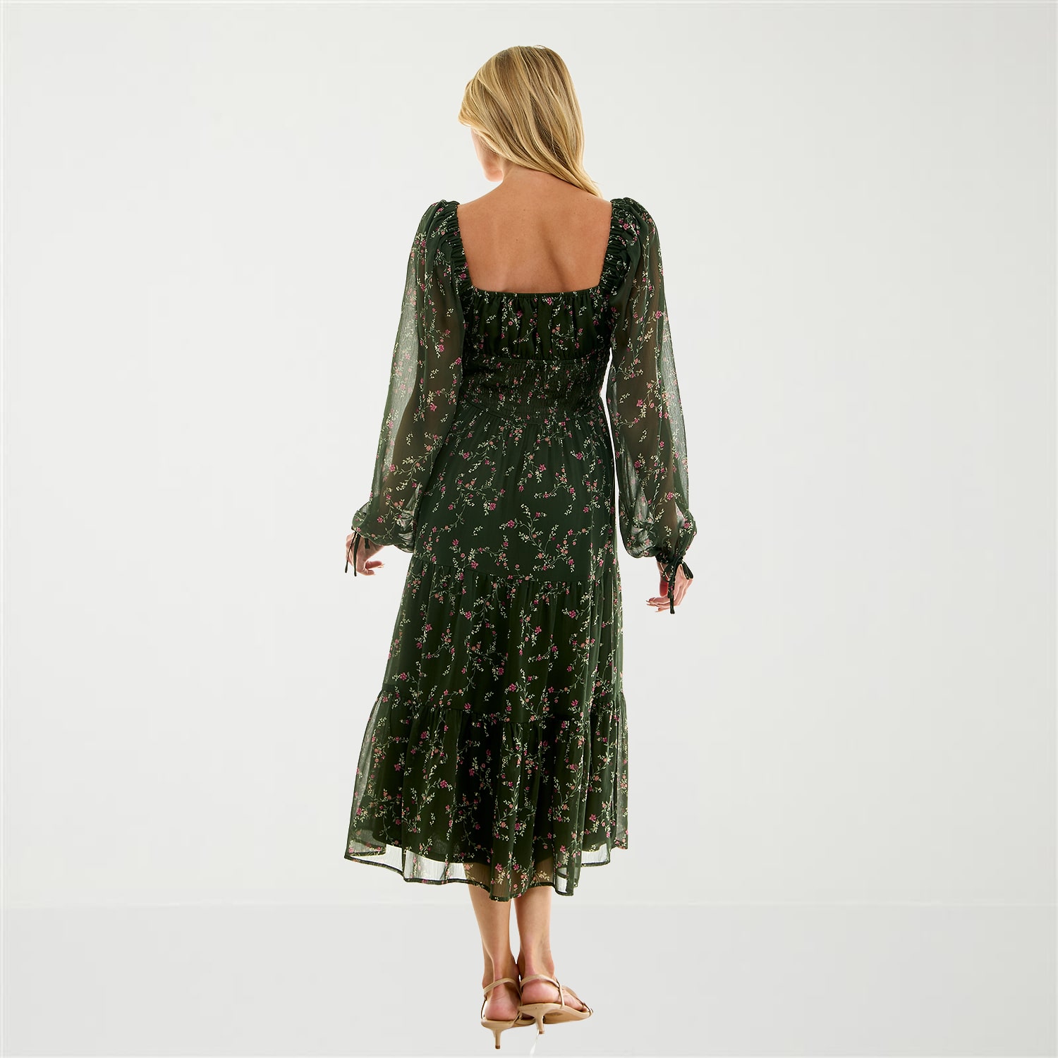 Trixxi Womens Juniors Midi Sweetheart Neck Long Sleeve Puffed Floral Fit + Flare Dress