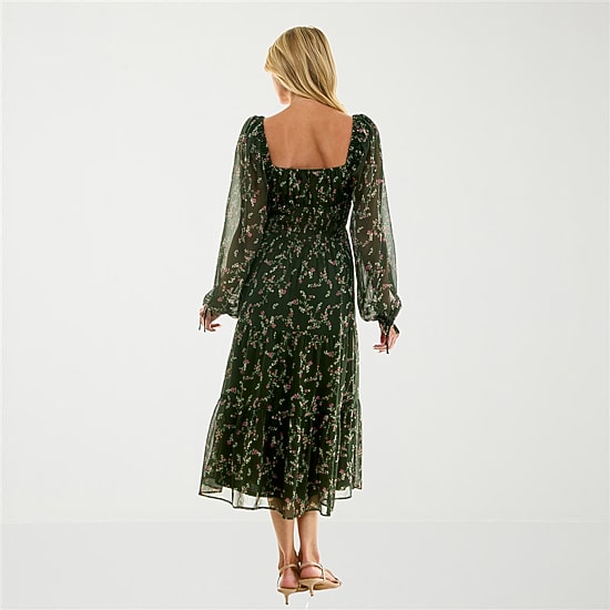 Trixxi Womens Juniors Midi Sweetheart Neck Long Sleeve Puffed Floral Fit + Flare Dress