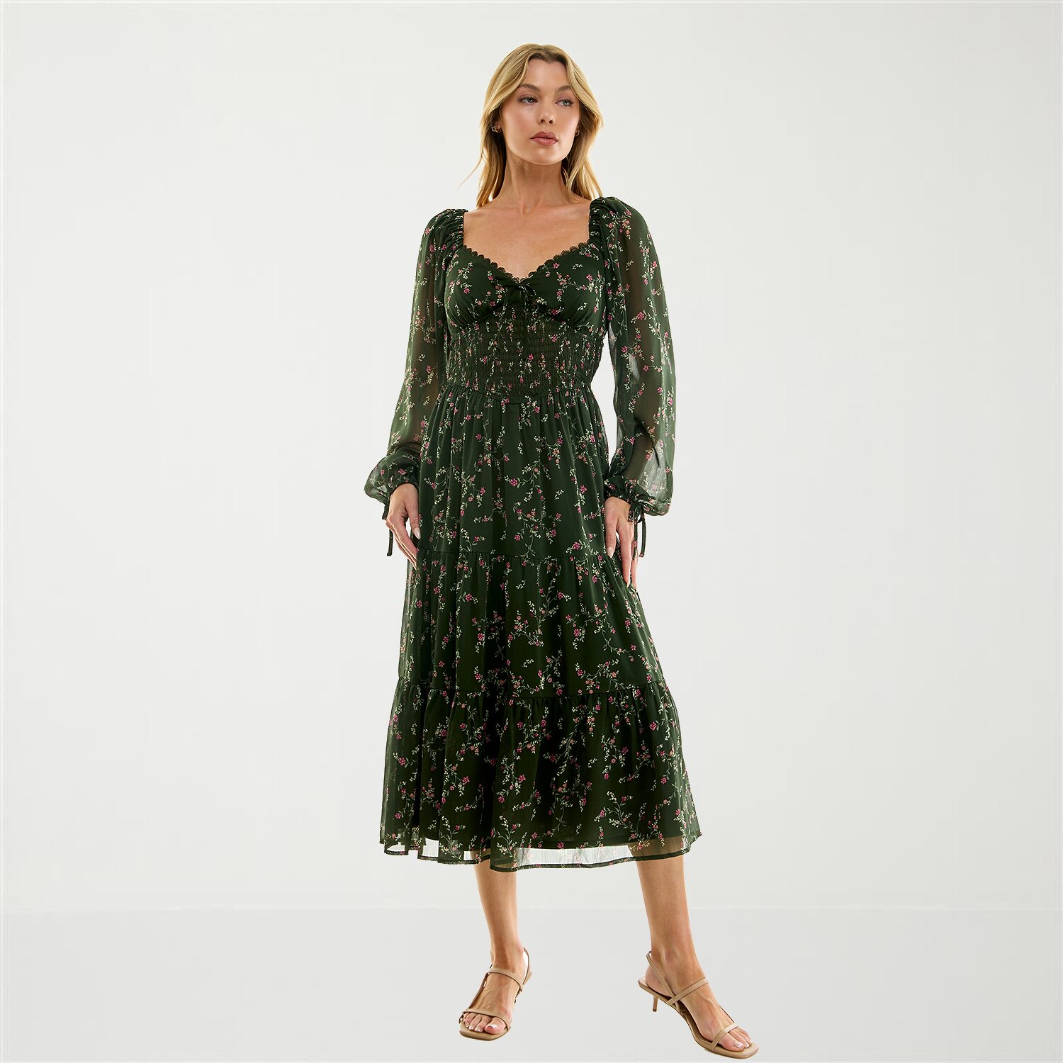 Trixxi Womens Juniors Midi Sweetheart Neck Long Sleeve Puffed Floral Fit + Flare Dress