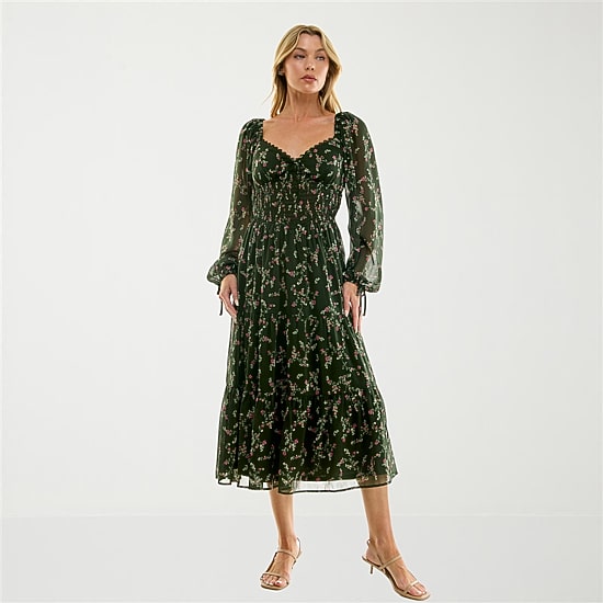 Trixxi Womens Juniors Midi Sweetheart Neck Long Sleeve Puffed Floral Fit + Flare Dress