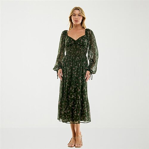 Trixxi Womens Juniors Midi Sweetheart Neck Long Sleeve Puffed Floral Fit + Flare Dress In Green