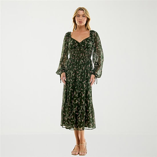 Trixxi Womens Juniors Midi Sweetheart Neck Long Sleeve Puffed Floral Fit + Flare Dress