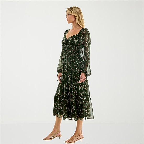 Trixxi Womens Juniors Midi Sweetheart Neck Long Sleeve Puffed Floral Fit + Flare Dress