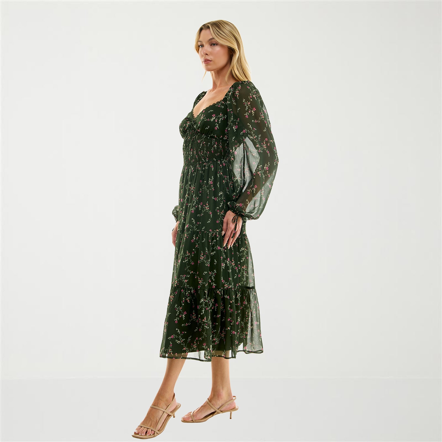Trixxi Womens Juniors Midi Sweetheart Neck Long Sleeve Puffed Floral Fit + Flare Dress
