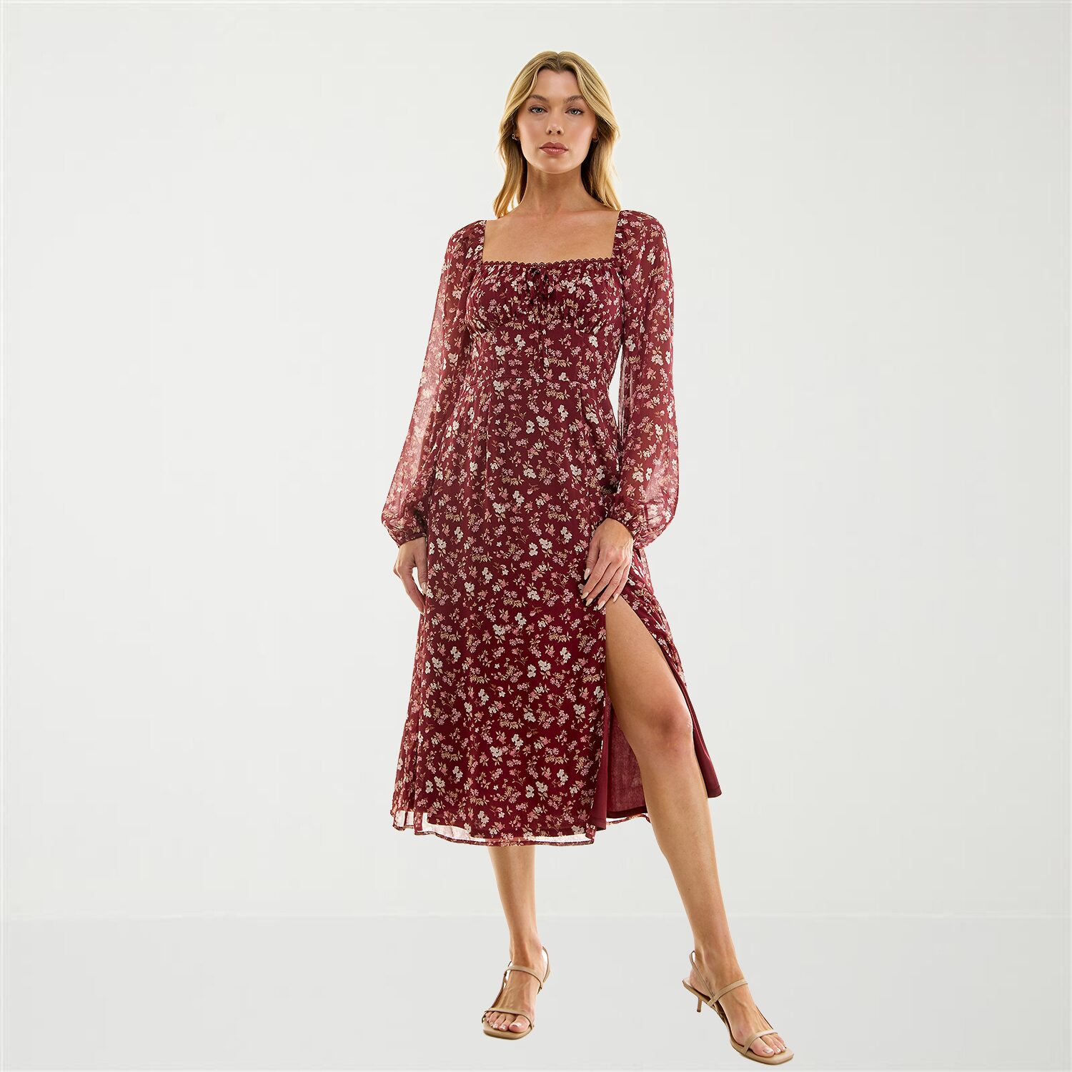 Trixxi Womens Juniors Midi Sweetheart Neck Long Sleeve Floral A-Line Dress