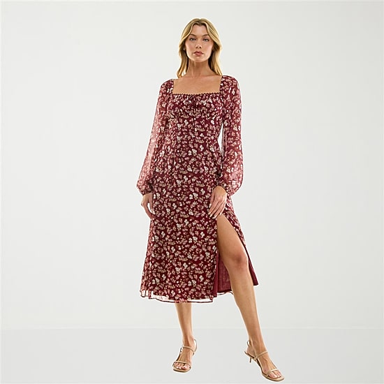 Trixxi Womens Juniors Midi Sweetheart Neck Long Sleeve Floral A-Line Dress