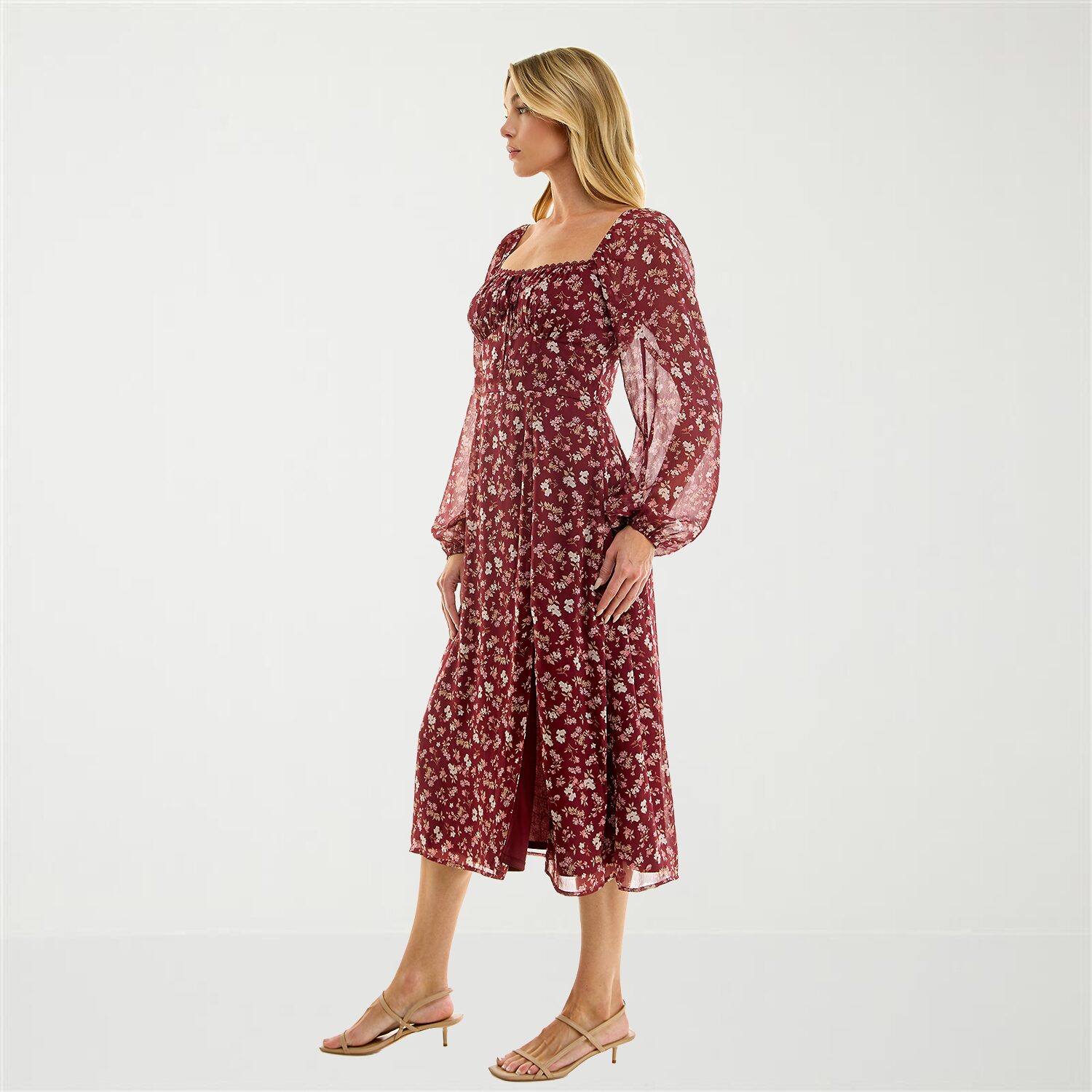 Trixxi Womens Juniors Midi Sweetheart Neck Long Sleeve Floral A-Line Dress