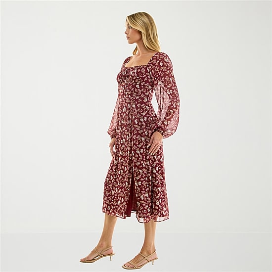 Trixxi Womens Juniors Midi Sweetheart Neck Long Sleeve Floral A-Line Dress