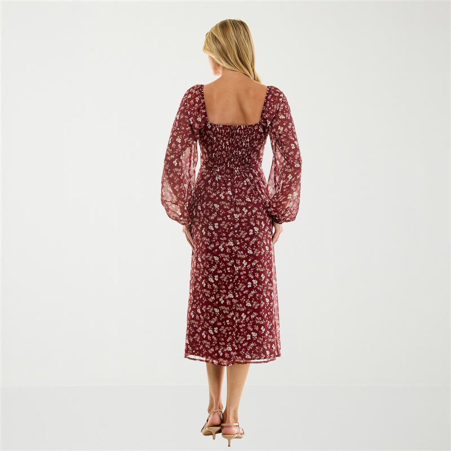 Trixxi Womens Juniors Midi Sweetheart Neck Long Sleeve Floral A-Line Dress
